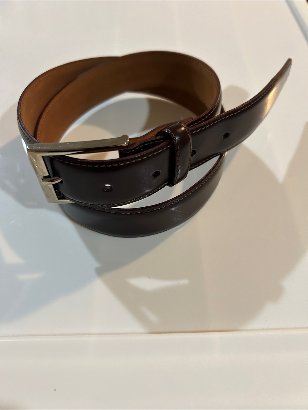 Brooks Brothers Dark Brown Leather Belt with Polished Silver Buckle